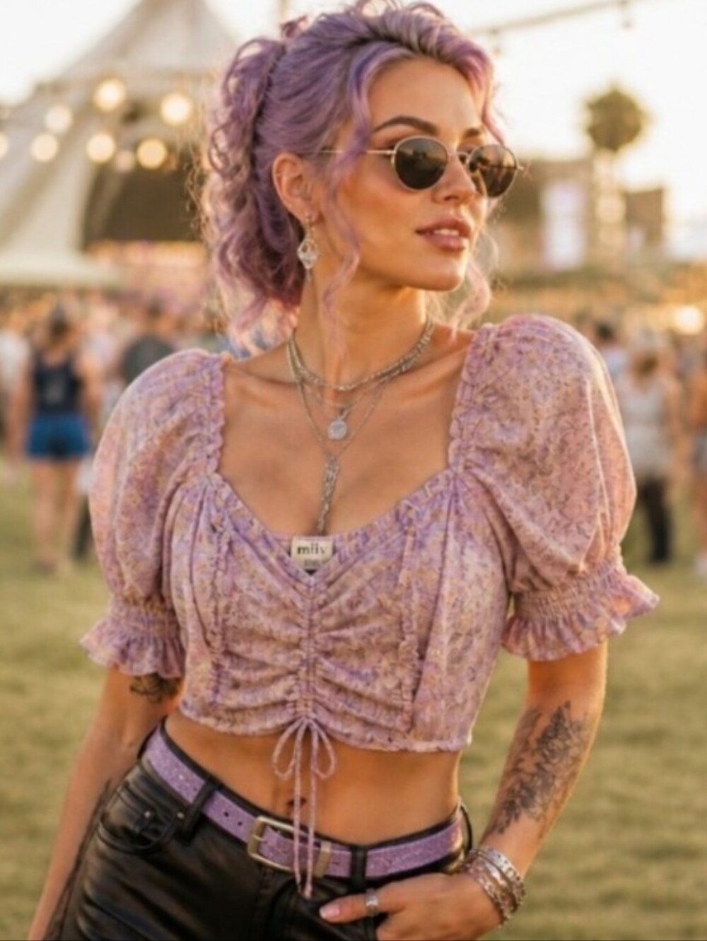 privy Lavender Floral Ruched Puff-Sleeve Crop Top
